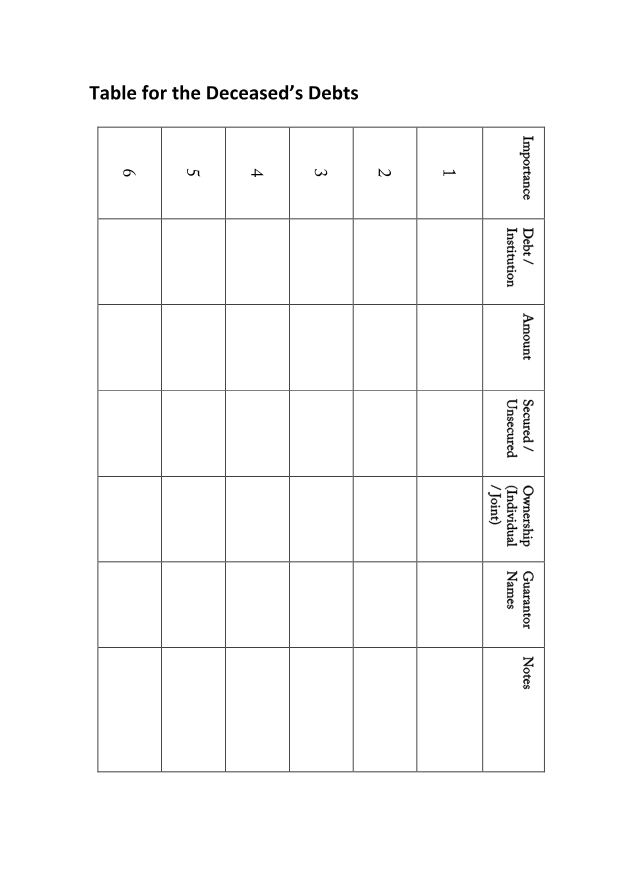 Table for the Deceased's Debts — page 1 of 1